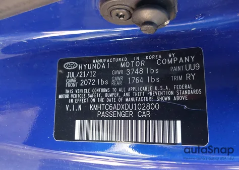 2013 Hyundai Veloster Base W/Black z USA, uszkodzony, nr VIN KMHTC6ADXDU102800